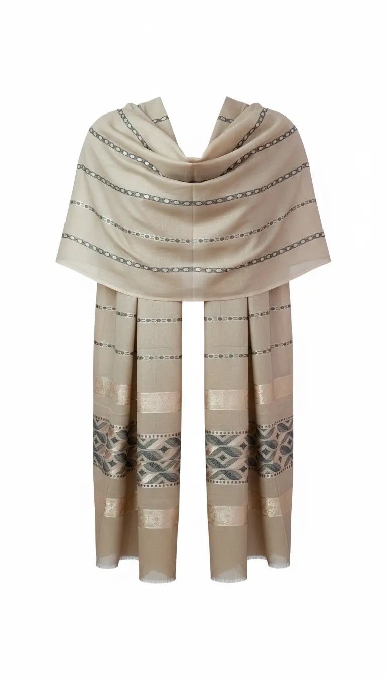 Beige woven stole/dupatta with charcoal-grey stripes and jacquard border, subtle shimmer TLS
