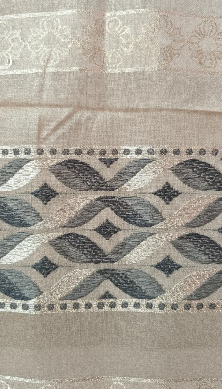 Beige woven stole/dupatta with charcoal-grey stripes and jacquard border, subtle shimmer TLS