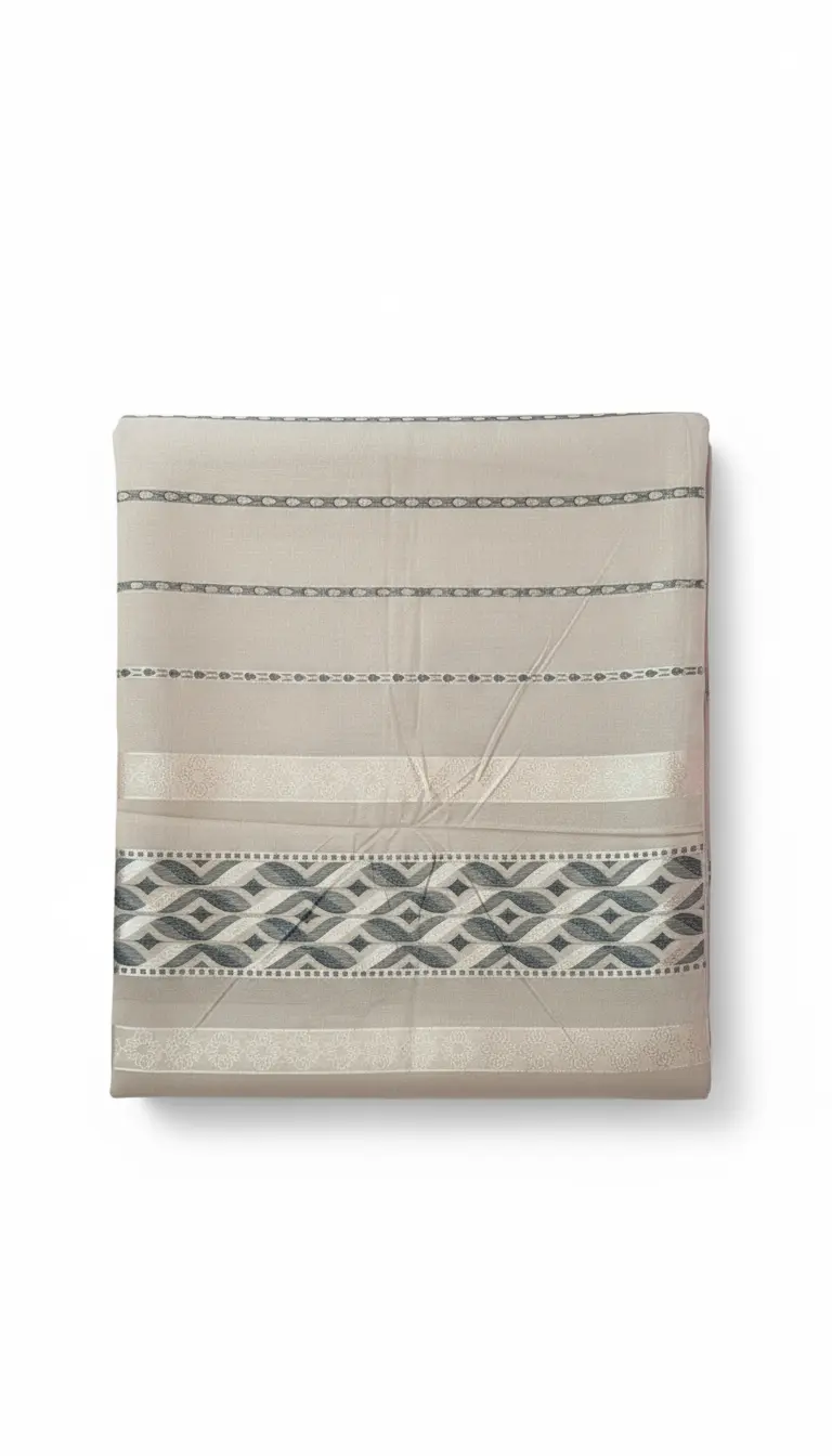 Beige woven stole/dupatta with charcoal-grey stripes and jacquard border, subtle shimmer TLS