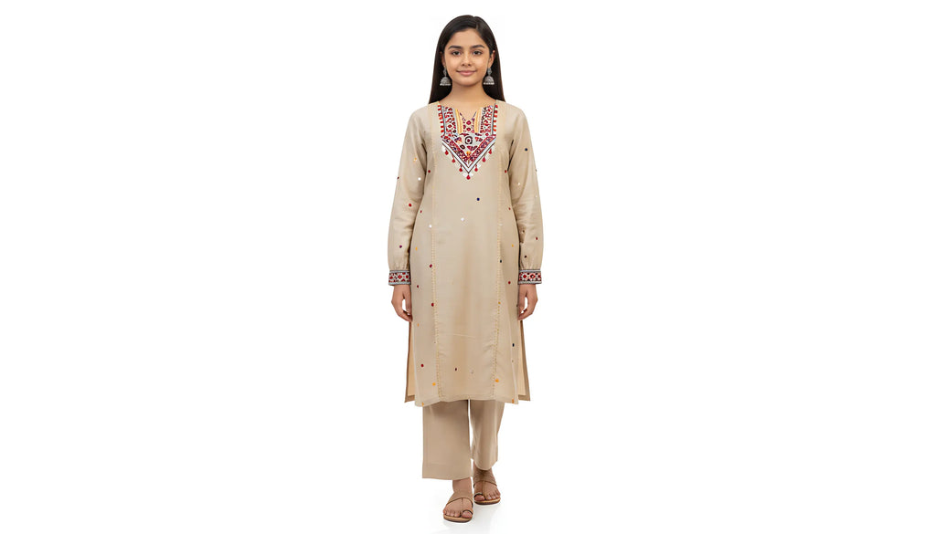 Beige Mirror-Embroidered Kurta Set (2‑Piece) TLS