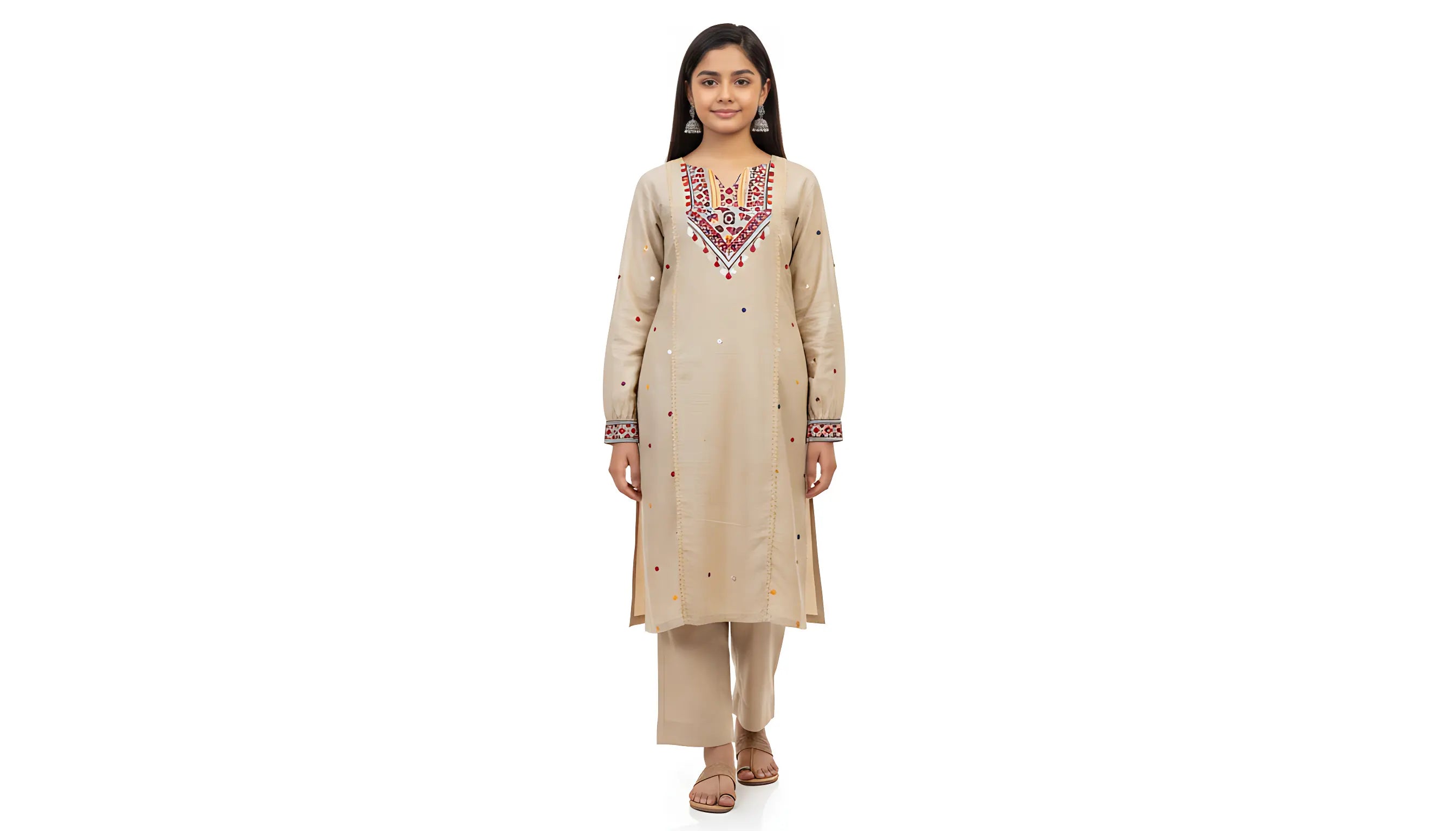 Beige Mirror-Embroidered Kurta Set (2‑Piece) TLS